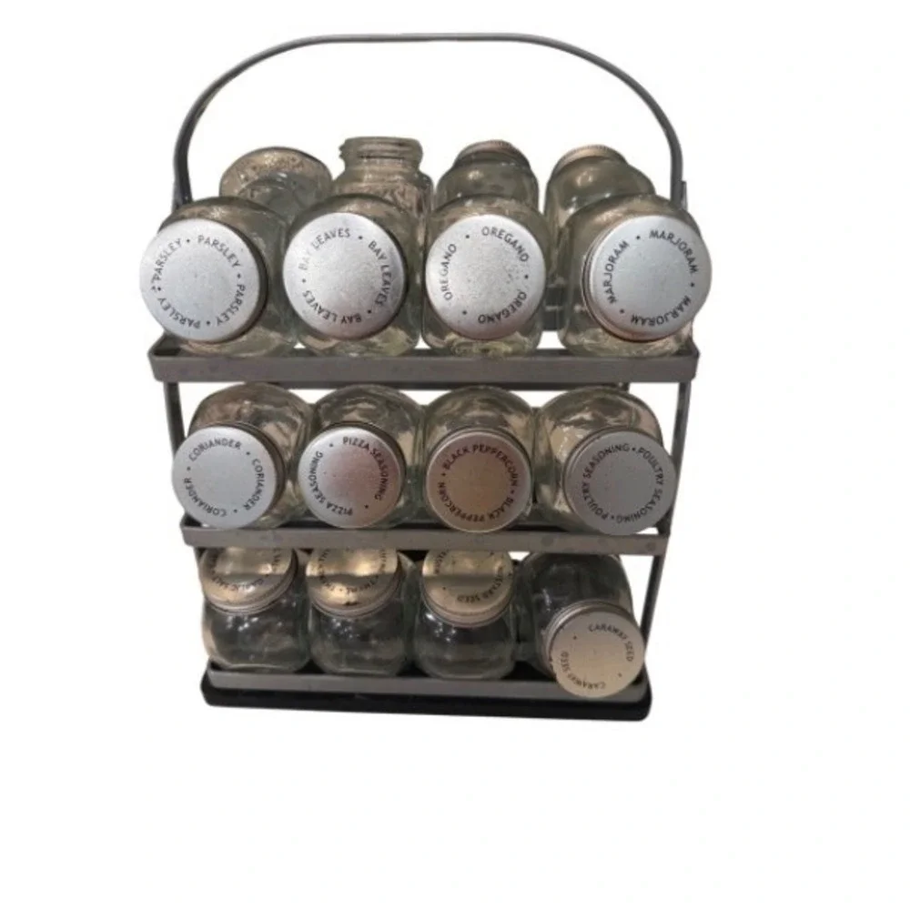 Vintage 3 Tier Metal‎ Spice Rack lazy Susan glass jars silver lids Organizer